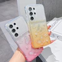 Étui de téléphone exquis super scintillant avec dégradé de couleurs, perles et papillons, bord ondulé, protection anti-chute pour iPhone et Samsung
