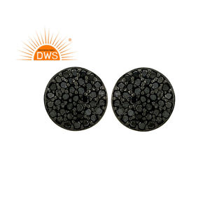 Boucles d'oreilles clous en diamant noir pavé véritable, bijoux en or massif 14 carats et argent sterling 925, fournisseur de boucles d'oreilles clous - Product Image 1