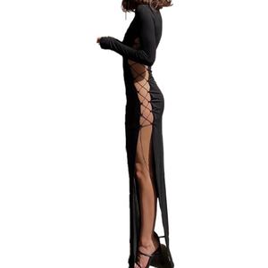 Vestido de otoño para mujer OEM de alta calidad, venta al por mayor, nuevo, sexy, con encaje hueco, ajustado, con abertura, largo, de punto, sencillo. - Product Image 3