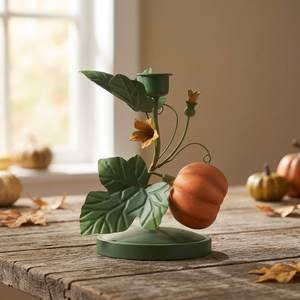 Portavelas de hierro con diseño de calabaza naranja y hojas verdes para decoración del hogar - Product Image 4