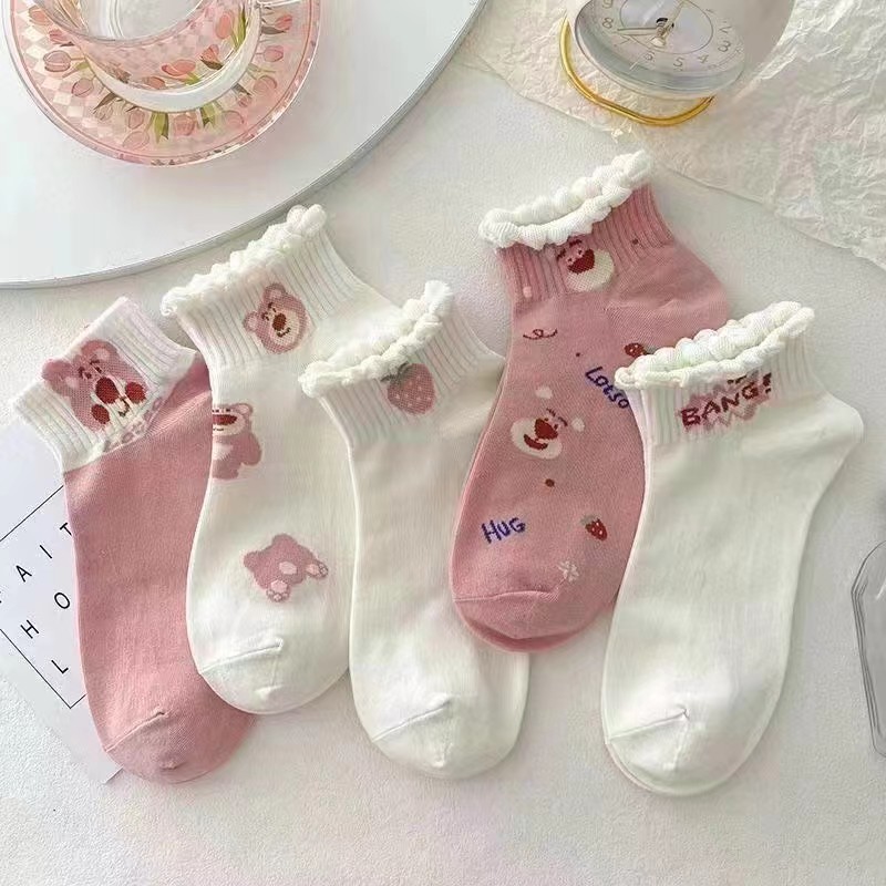 Women's short socks [Bubble Strawberry Bear]