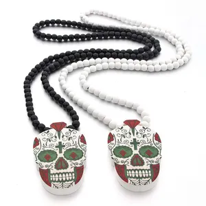 2024 KOMI Hip hop Accessories HIPHOP Printed Skull Pendant Necklace Long Wood Beaded Necklaces Jewelry for Men Boy Paty Costume Gift