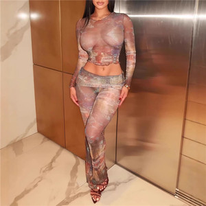 Ensemble 2 pièces transparent pour femmes, haut court imprimé coloré et pantalon à revers, tenue de club ajustée et extensible - Product Image 2