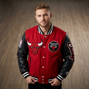 Veste universitaire rouge pour homme, manches en toile noire, logo brodé, patchwork au dos, bomber décontracté, vêtements d'hiver respirants, séchage rapide - Product Image 1