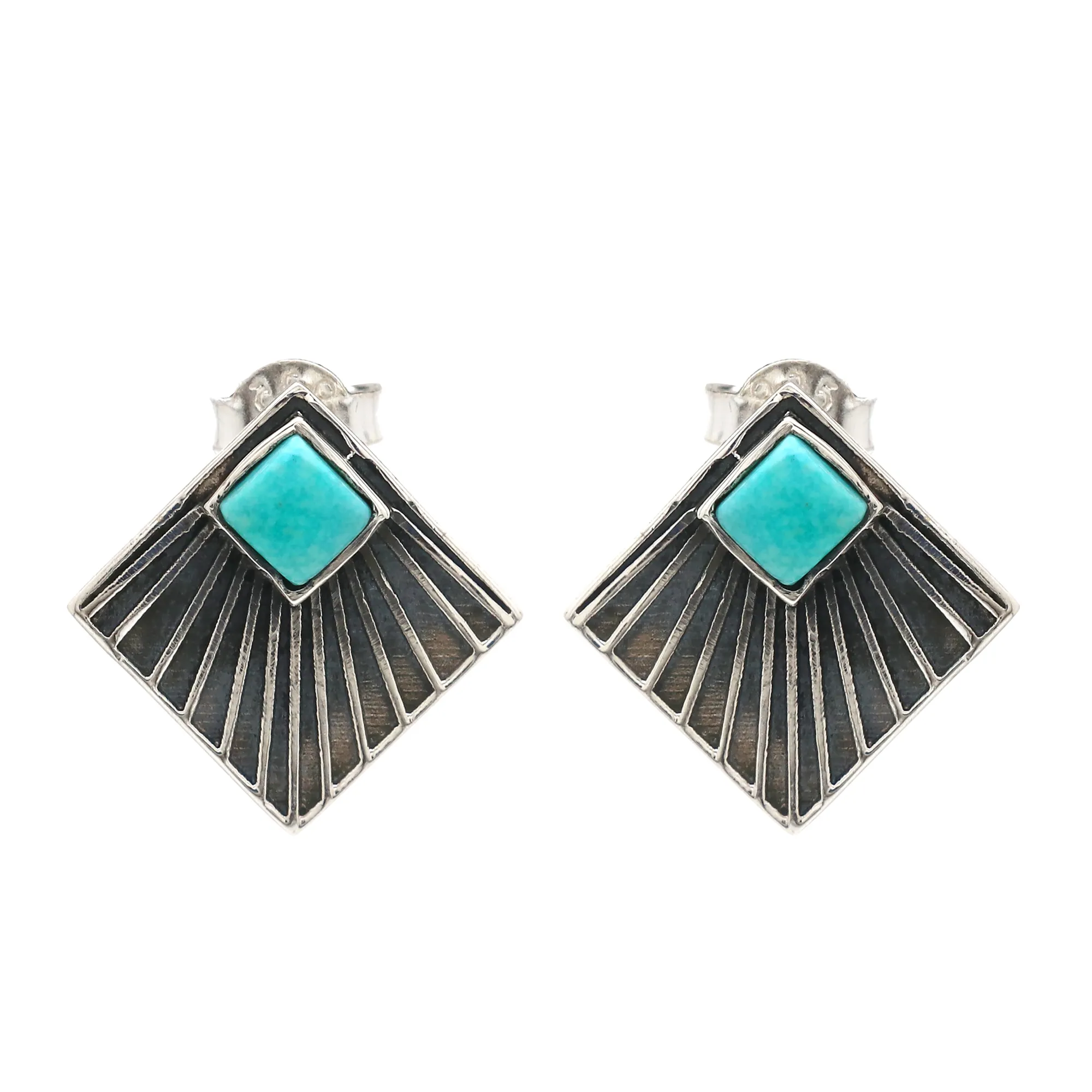 Factory Price 925 Sterling Silver Square Stud Earrings Natural Turquoise New Designer Statement Fine Diamond Wholesale Supply