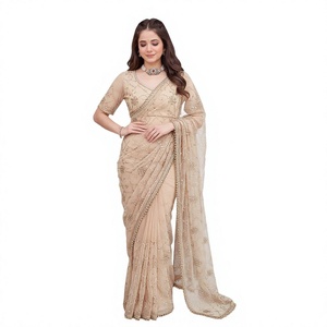 Sari de lujo para mujer en colores pastel, con bordado de lentejuelas pesadas y rejilla multicolor, diseño Bollywood, para bodas y fiestas indias. - Product Image 1