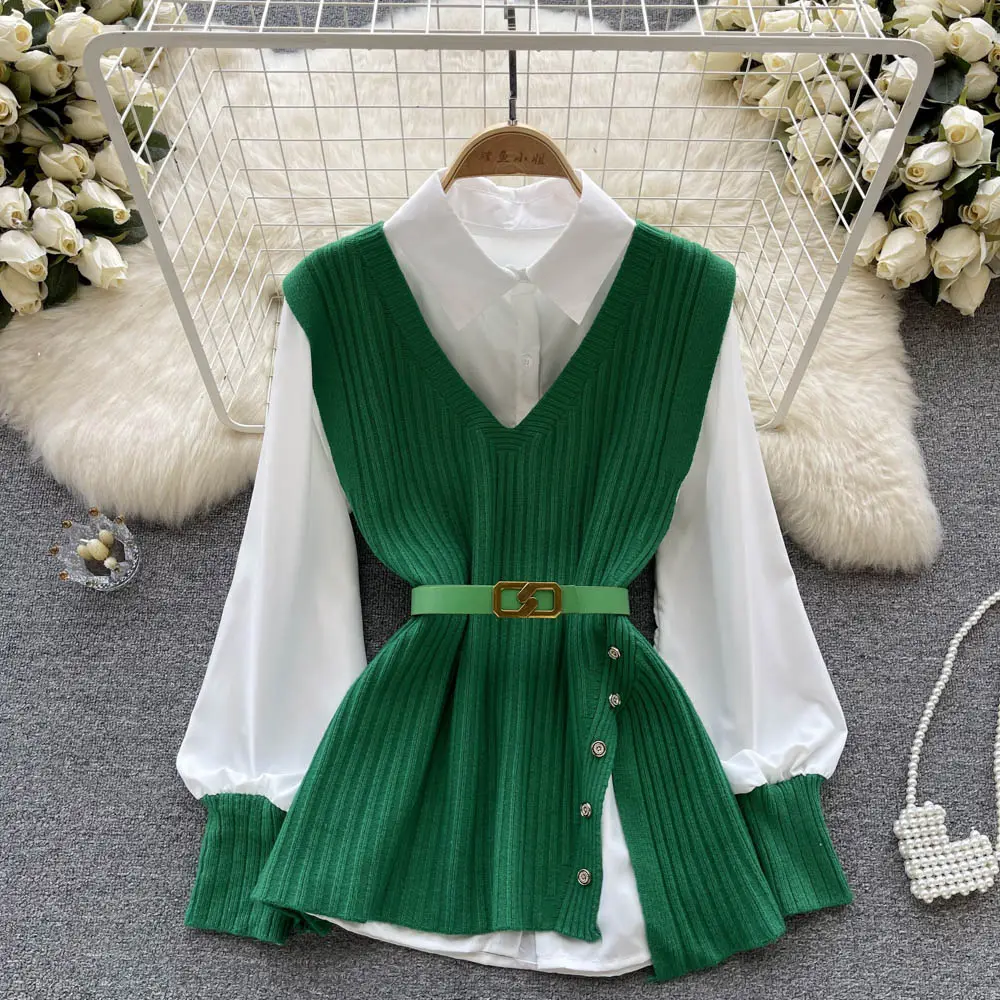 College style two-piece suit green sleeveless knitted vest white long sleeved shirt top autumn woman