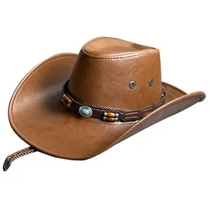 Men' s Western Cowboy Hat Tibetan Style Roll Rim Leather Jazz Hat Women Travel Casual Hat