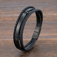 Bracelet en cuir tressé personnalisé avec fermoir magnétique en acier inoxydable 316L, bracelet manchette en corde tressée noire, bijoux de mode, cadeau, vente en gros