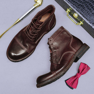 High-end brand handmade lace-up men's shoes with three connectors, cowhide round toe, high-top, genuine leather <b>boots</b> for men - Product Image 6
