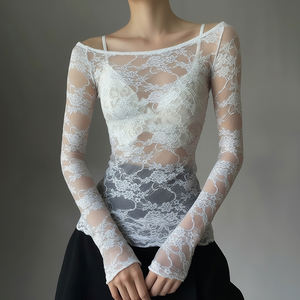 <b>Sexy</b> Sheer Lace Mesh Top <b>Women</b> Street Y2K One Shoulder See Through Slim Fit Long Sleeve Club Party Inner Top <b>Outfit</b> - Product Image 1
