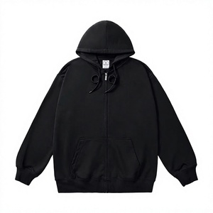 Sweat-shirt unisexe noir à capuche zippé, coupe classique, couleur unie, décontracté, en molleton bouclette, avec poche avant, pour l'hiver, 100 % coton - Product Image 1