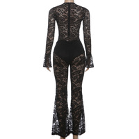 Ensemble combinaison en dentelle transparente à découpes, manches longues évasées et pantalon évasé, taille haute, tenue de soirée en boîte de nuit ou de festival