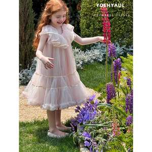 YOEHYAUL 25085, vestido de tul para niñas, vestido de princesa para niños, sin mangas, cuello con volantes, vestido de tul Rosa dulce de varias capas - Product Image 3