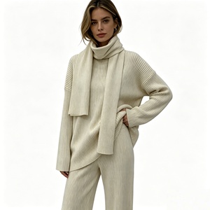 Maglia a coste in Cashmere 3 pezzi maglione da donna oversize pantaloni larghi sciarpa abbigliamento donna inverno caldo - Product Image 2