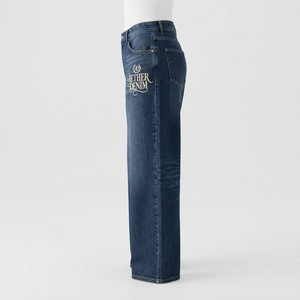 Jeans de mezclilla de cintura alta para mujer, corte recto, holgados, largos, estilo casual, con logo bordado en la pierna izquierda, lavado a la piedra, otoño - Product Image 3
