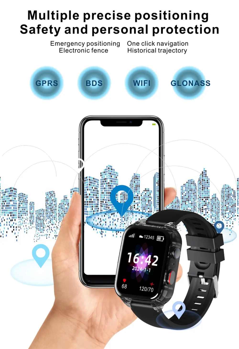 Gestione integrata della pressione sanguigna guarda anziani SOS 4G con SIM Card di rilevamento delle cadute chiamando gli smartwatch GPS