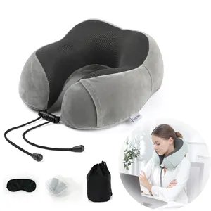 Inflatable Pillow] for Airplane Travel, Comfortably Supports Head,Neck and  Chin with Soft Velour Cover,Hat,Portable Drawstring Bag,3D Eye Mask and