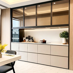 Armoire de rangement contemporaine pour salle à manger avec finition en panneau mélaminé, portes vitrées, éclairage chaleureux et dimensions sur mesure - Product Image 1