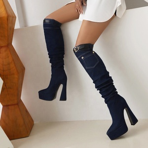 Retro Denim Women Over Knee <b>Boots</b> Belt Buckle Platform Long Booties Dark Jeans Ladies High Chunky Heel Shoes - Product Image 4
