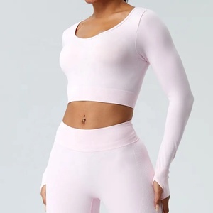 Camisetas Deportivas de Manga Larga con Logotipo Personalizado al por Mayor, Camiseta Deportiva Corta para Entrenamiento, Yoga Activo, Correr, Camisetas Deportivas sin Costuras para Mujer - Product Image 4