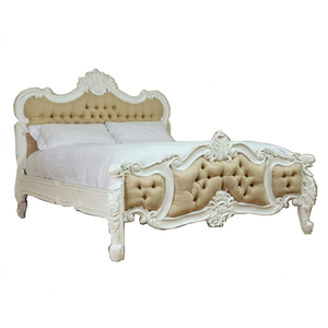 <span class=keywords><strong>Letto</strong></span> King Size di Lusso in Stile Luigi XVI <span class=keywords><strong>Francese</strong></span>, Design Europeo, Intagliato a Mano in Legno Massello di Mogano, Testiera in Tessuto Bianco per Casa e Hotel - Product Image 1