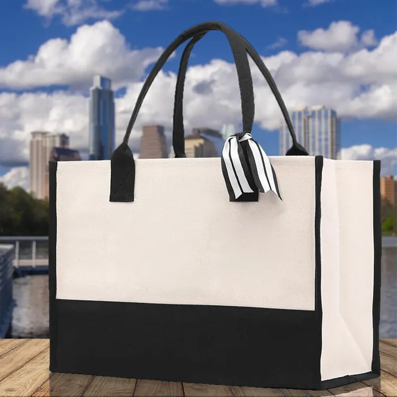 Bolso de mano de lona de lujo, bolsa de algodón de lona Lisa personalizada con cremallera, bolso de mano negro