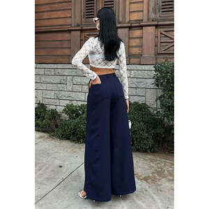 Pantalones Palazzo Elegantes de Pierna Ancha, Cintura Alta, Color Azul Marino, Crepé Antiarrugas, Pantalones para Mujer - Product Image 1