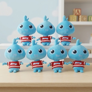 Nuovo Peluche Personalizzato Sunrise, Morbido Pupazzo Blu a Forma di Cartone Animato BARCY con Maglietta Rossa per Promozioni Festive - Product Image 1