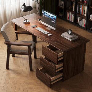<b>Solid</b> <b>Wood</b> <b>Desk</b> With Drawers Walnut <b>Wood</b> 1.4m 1.6m 1.8m Minimalist Modern Style Study Home Office Computer Work <b>Desk</b> - Product Image 1