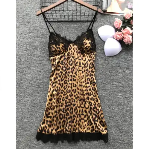 Sfy1086 Lingerie Macan Tutul Seksi, Piyama Renda Baju Tidur dengan Tali Penahan Yang Bisa Diatur