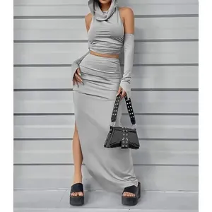 2024 Custom Women Slit Dressing Set Casual Bodycon Fashion 2 Pieces Ladies Dress Top And Pants