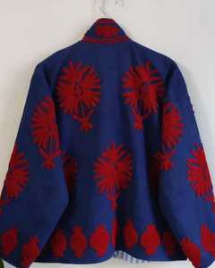 Vintage Blue <b>Velvet</b> Cotton Suzani Bomber Jacket Handmade Bohemian Winter <b>Coat</b> Regular Ethnic Outerwear Animal Print Button - Product Image 2