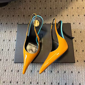 Elegant Open-Back Stiletto Heel Sandals Sexy Red Lacquer Leather Pointed-<b>Toe</b> Design Slip-On Closure for Autumn Fashion Trend - Product Image 1