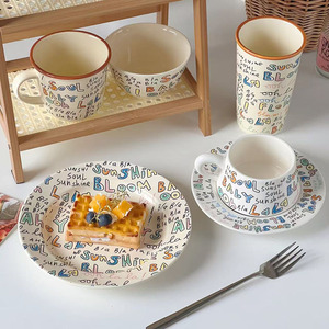 Coréen Ins Vintage <span class=keywords><strong>Anglais</strong></span> Lettre Céramique <span class=keywords><strong>Vaisselle</strong></span> Ensemble Creative Dessert Gâteau Assiette <span class=keywords><strong>Petit</strong></span> <span class=keywords><strong>Déjeuner</strong></span> Tasse - Product Image 2