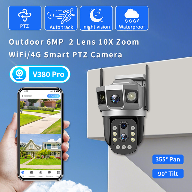 V380 4G Outdoor Security Camera 10x Zoom Two-Way Audio AI Humanoid Tracking HD Dual Lens Three-View SD Card Storage