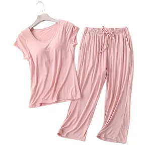 Eingebauter BH Modal Plus Size Femme Pyjamas Sets Kurzarm Zweiteiler Set Home Kleidung Lose weiche Baumwolle Nachtwäsche