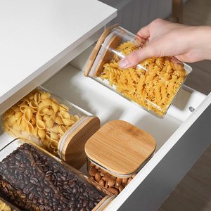 Contenitore ermetico quadrato in vetro con coperchio in bambù contenitore trasparente per alimenti contenitore per dispensa da cucina - Product Image 5