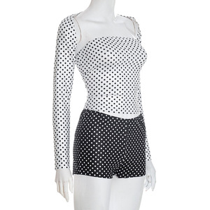 Women's <b>Sexy</b> Contrast-Color Polka Dot Long-Sleeve Shawl Top, Shorts, and Vest Vintage 3-Piece <b>Set</b> Fashion - Product Image 3