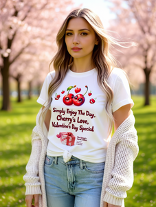 Cherry Love T-shirt da donna in cotone comoda a maniche corte con scollo rotondo, speciale per San Valentino, stampa casual per tutte le stagioni - Product Image 2