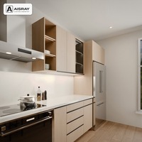 Meuble de cuisine en chêne blanc avec îlot, design contemporain, livraison en kit, panneaux en mélaminé et rangement coulissant