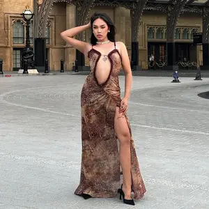 J&H Frühjahr Sommer Modetrend DAMEN Neue Anhängerriemen mit hölzerner Ohrkante bedrucktes Netz durchsichtiges sexy Kleid