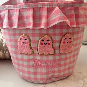 Panier-cadeau d'Halloween personnalisé, sac à bonbons d'Halloween à carreaux, motif à carreaux <span class=keywords><strong>orange</strong></span> et rose, panier-cadeau d'Halloween - Product Image 6