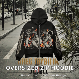 เสื้อฮู้ดดี้ทรงโอเวอร์ไซส์แบบวินเทจสำหรับทุกเพศ มีซิปและกระเป๋า |   ผ้าฟลีซผ้าฝ้าย 100% |   ดีไซน์แบบไหล่ตก - Product Image 2