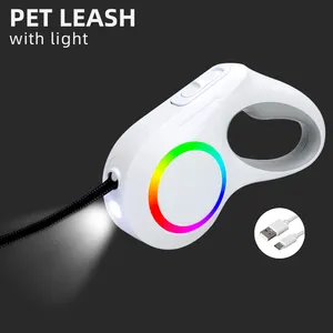 Nouveau Design coloré lumière LED 5M USB Rechargeable en Nylon pour animaux de compagnie laisse rétractable pour chien pour petit moyen chien de Traction fournitures