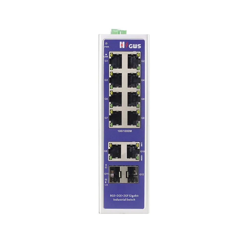 Comutador Ethernet industrial de 10 portas Uplink sfp full gigabit RJ45 e 2 portas full gigabit