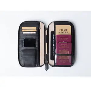 Tiempo personalizado Cartera de viaje de cuero folio cartera zip cierre seguro documento organizador pasaporte tarjeta caso