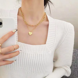 Niche Design Femme À La Mode Titane Acier Double Couche Clavicule Ins Choker À La Mode Perle Froide En Acier Inoxydable Coeur - Product Image 6