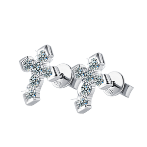 Boucles d'oreilles simples en argent sterling 925 avec design croix pour hommes, moissanite ronde de 2,3 mm, style hip-hop, cadeau pour femmes - Product Image 2
