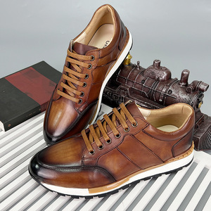 Men Genuine Leather <b>Round</b> <b>Toe</b> Walking Shoes Breathable Low <b>Heel</b> Cow Leather Solid Color Casual Outdoor Wear - Product Image 1